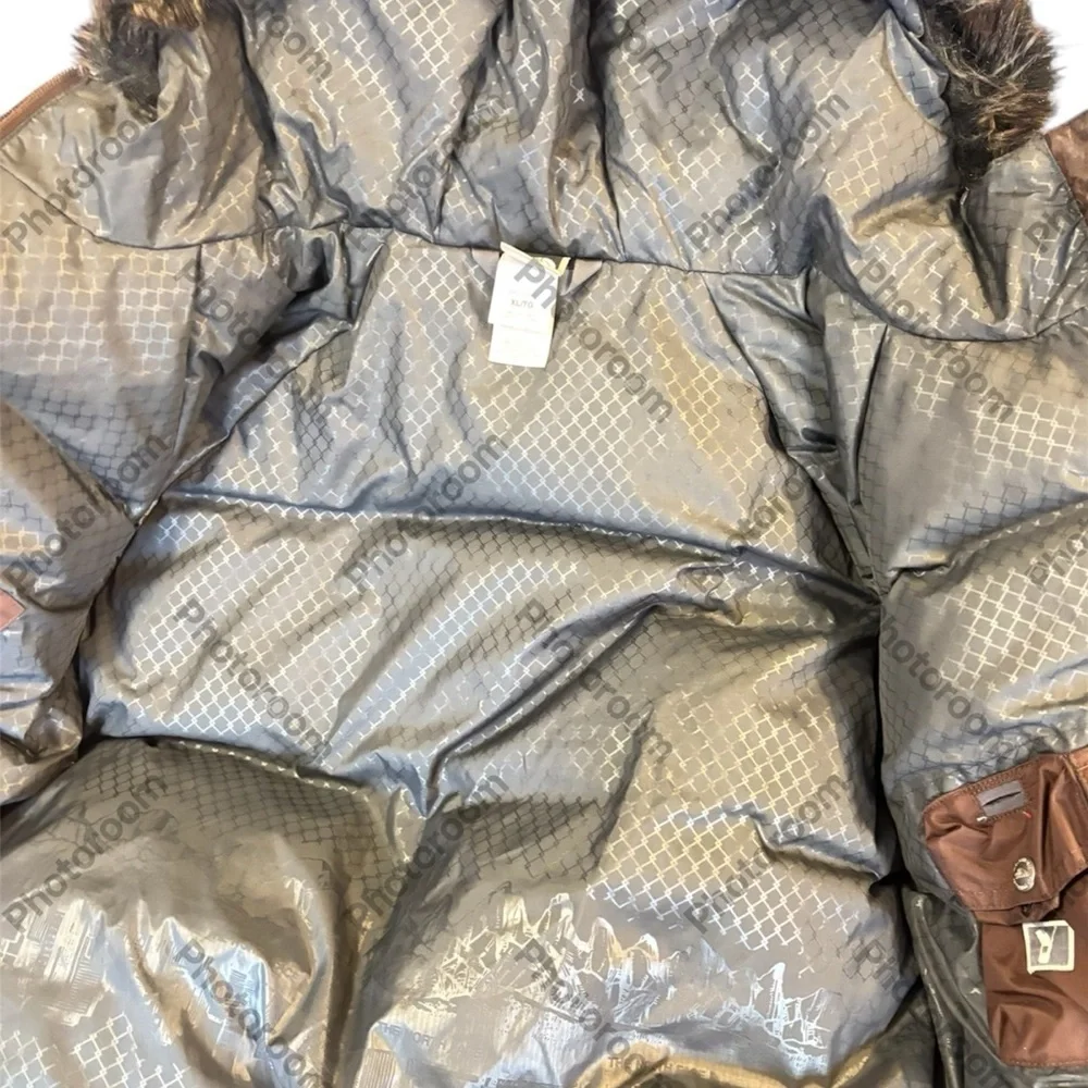 North Face short Jacket Womens Brown down fur Hood belt Greenland Hyvent
